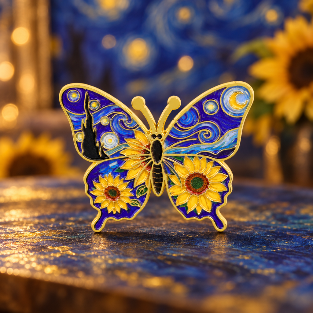 Starry Night Sunflower Butterfly Pin against a blue-and-gold art-studio backdrop