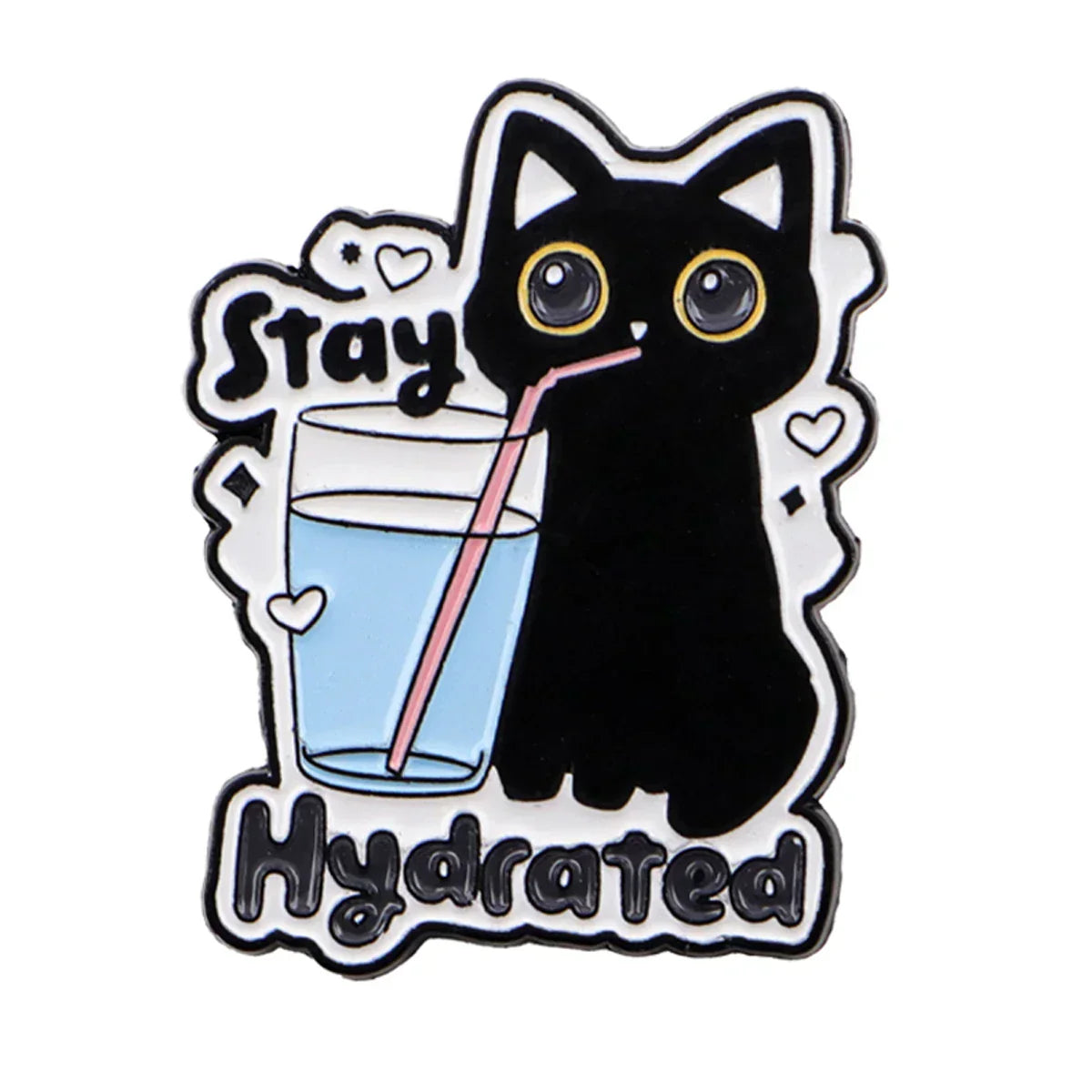 Cute Black Cat Lapel Pins for Backpacks Brooches for Women ’Stay Hydrated’ Enamel Pin Animal Jewelry Accessories