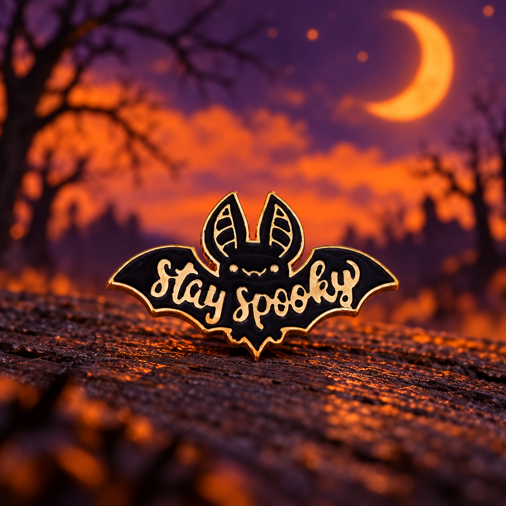 Stay Spooky Bat Pin on a themed spooky background