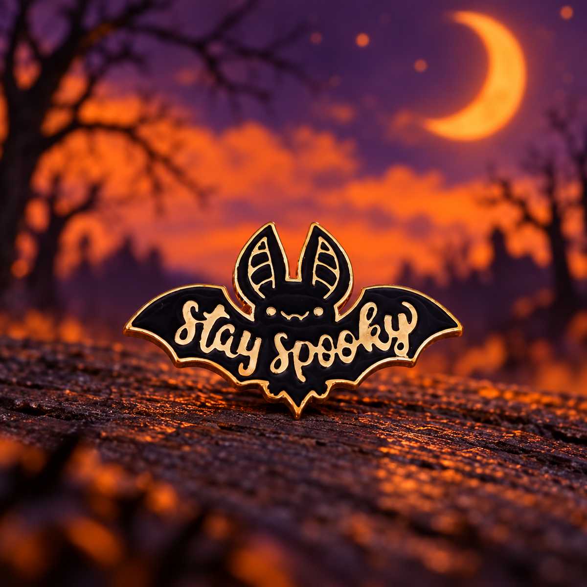Stay Spooky Bat Pin on a themed spooky background