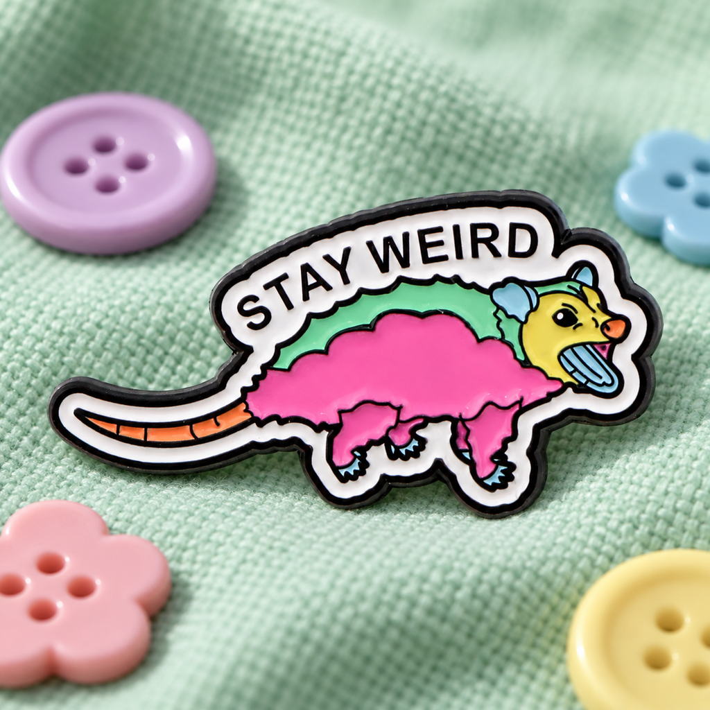 Stay Weird possum enamel pin displayed on mint fabric with pastel buttons