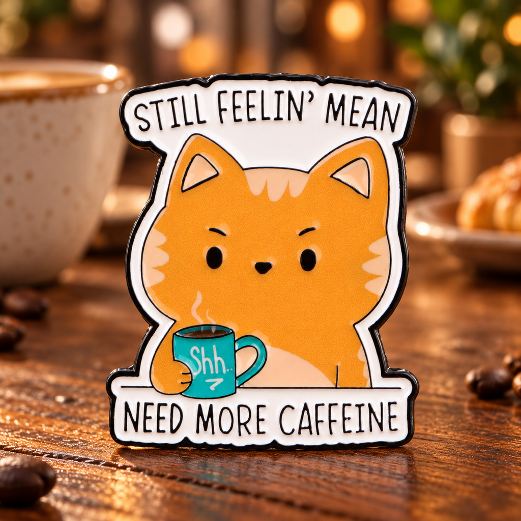 Still Feelin' Mean Need More Caffeine Cat Pin on coffeehouse table