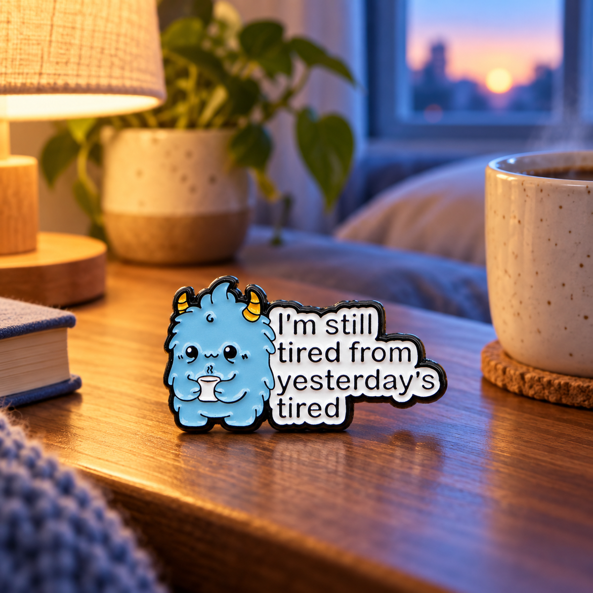 Still Tired from Yesterday's Tired Monster Pin enamel pin on a themed background