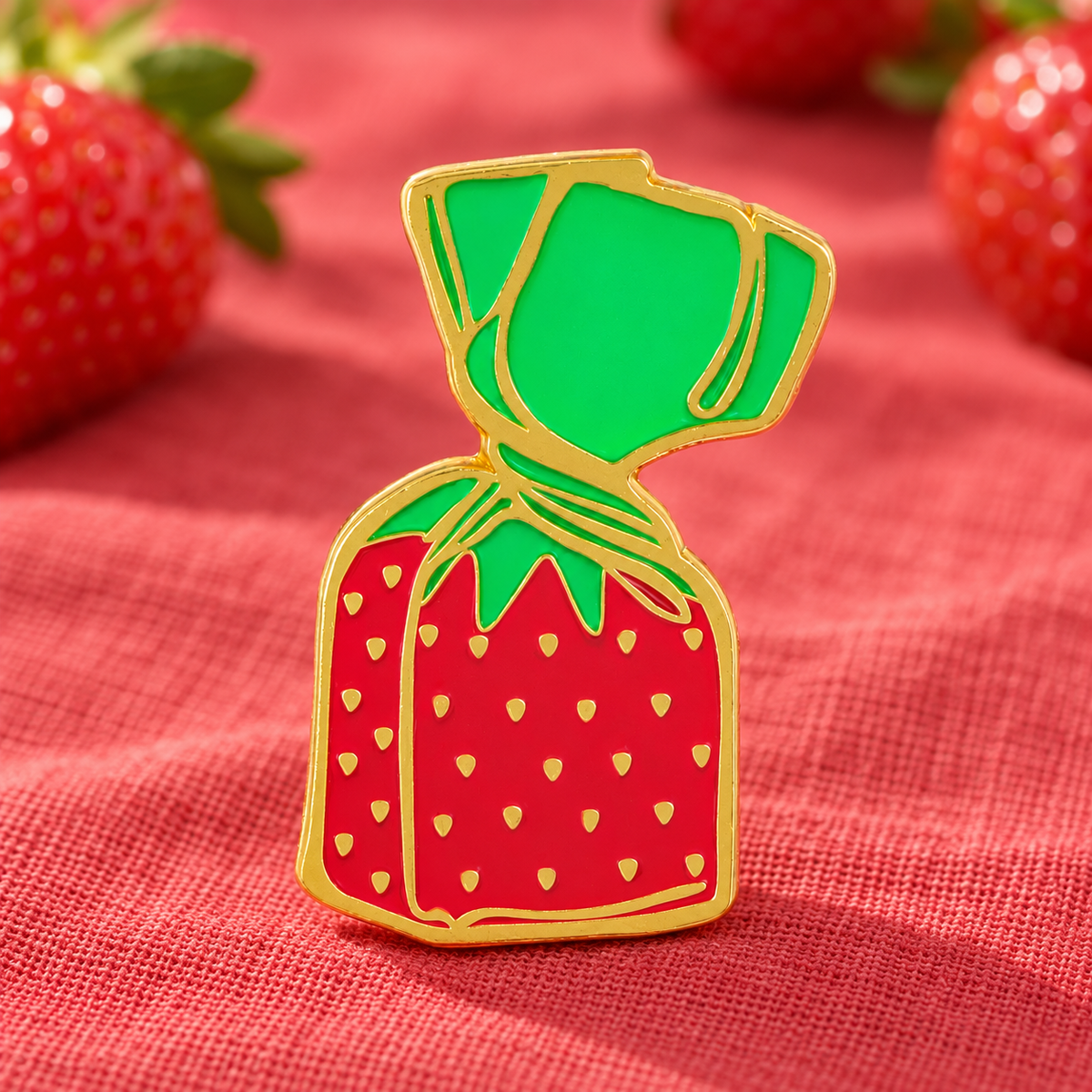 Strawberry Candy Pin on a red linen background