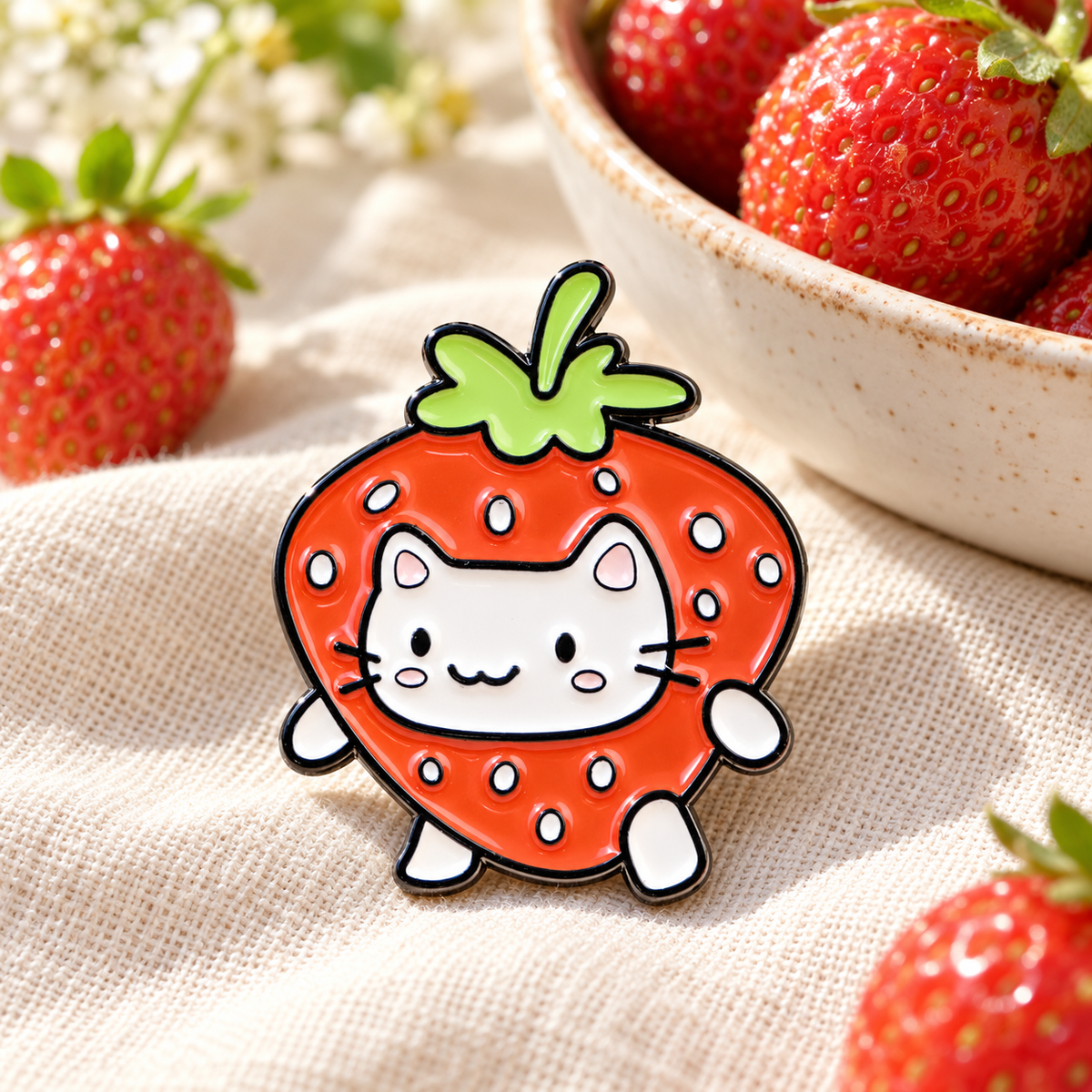 Strawberry cat enamel pin beside fresh strawberries on cream linen