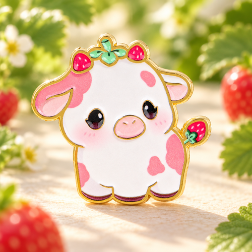 Strawberry Pink Cow Pin in a sunny strawberry patch