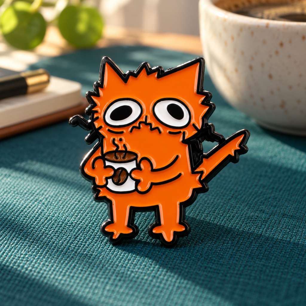 Stress Coffee Cat enamel pin on teal desk mat