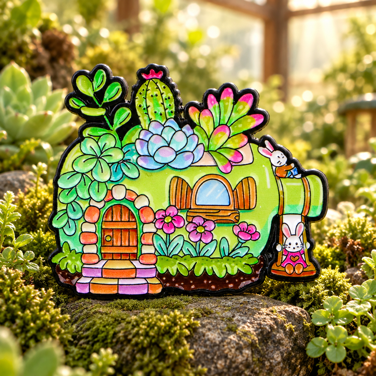 Succulent Bottle Fairy House enamel pin in a sunlit miniature garden