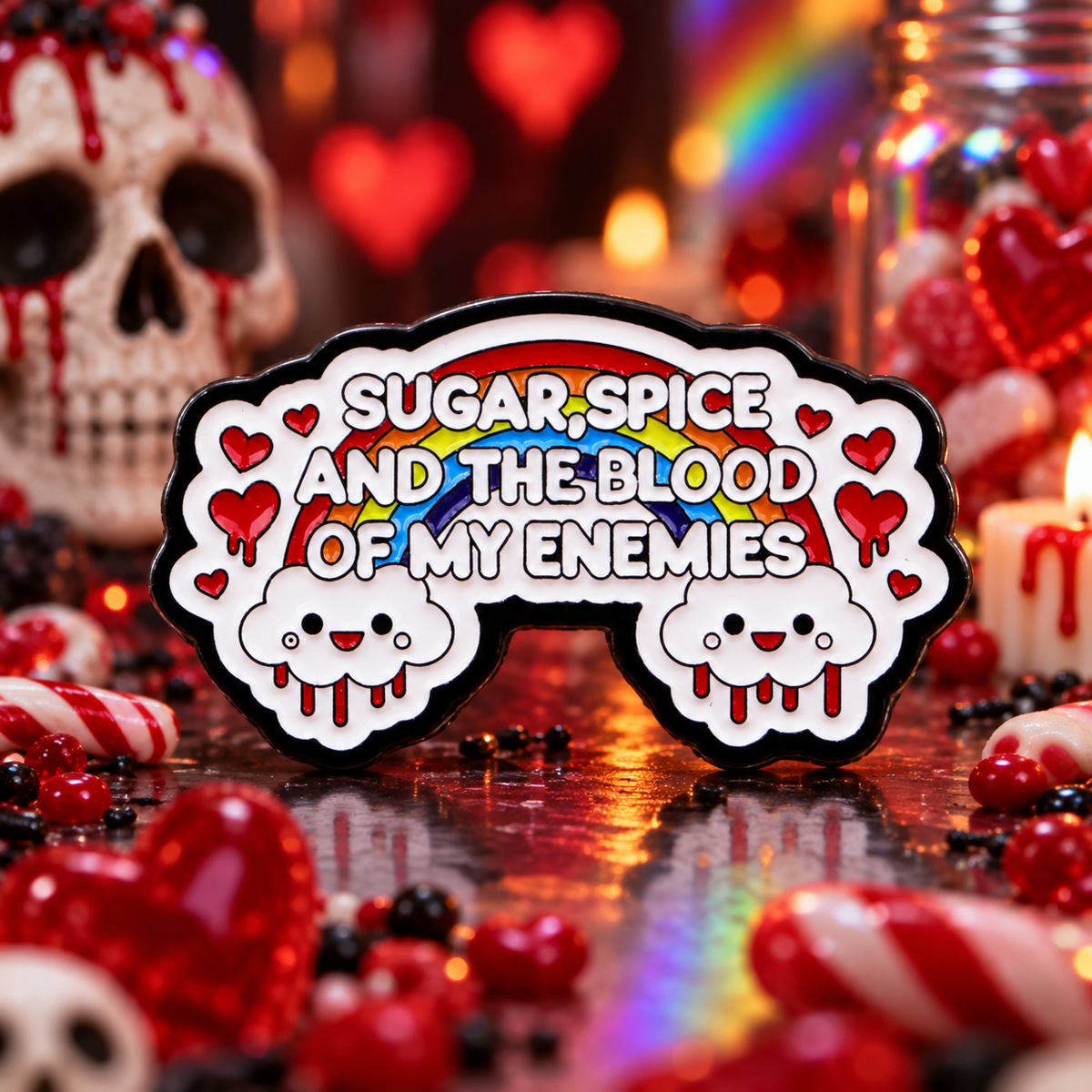Sugar Spice and the Blood of My Enemies Pin on a themed spooky background