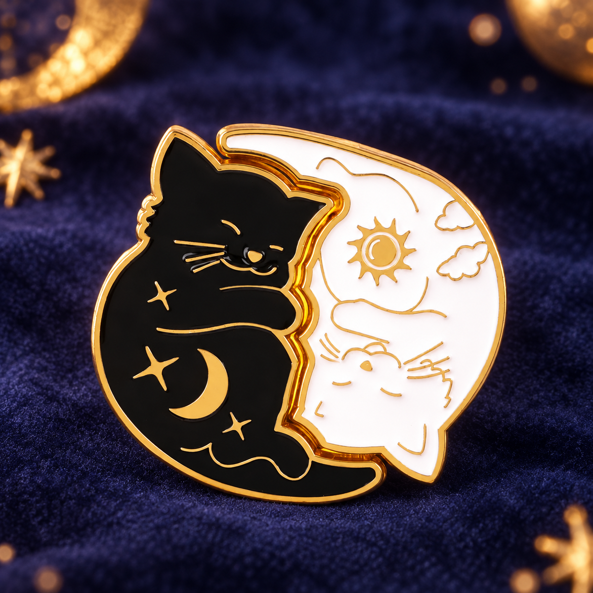 Sun and Moon Cat Pin on deep indigo velvet