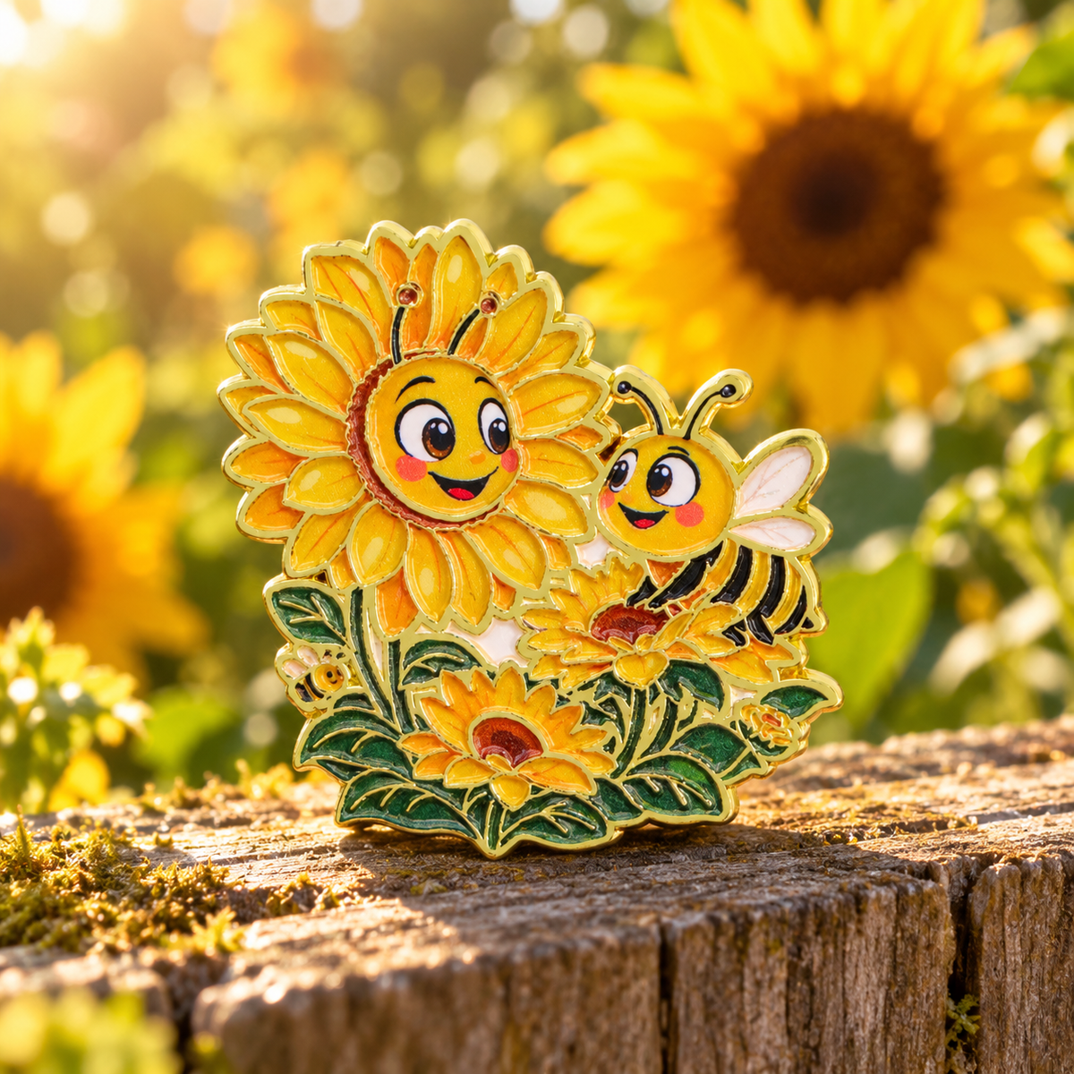 Smiling Sunflower and Bee enamel pin in a summer garden