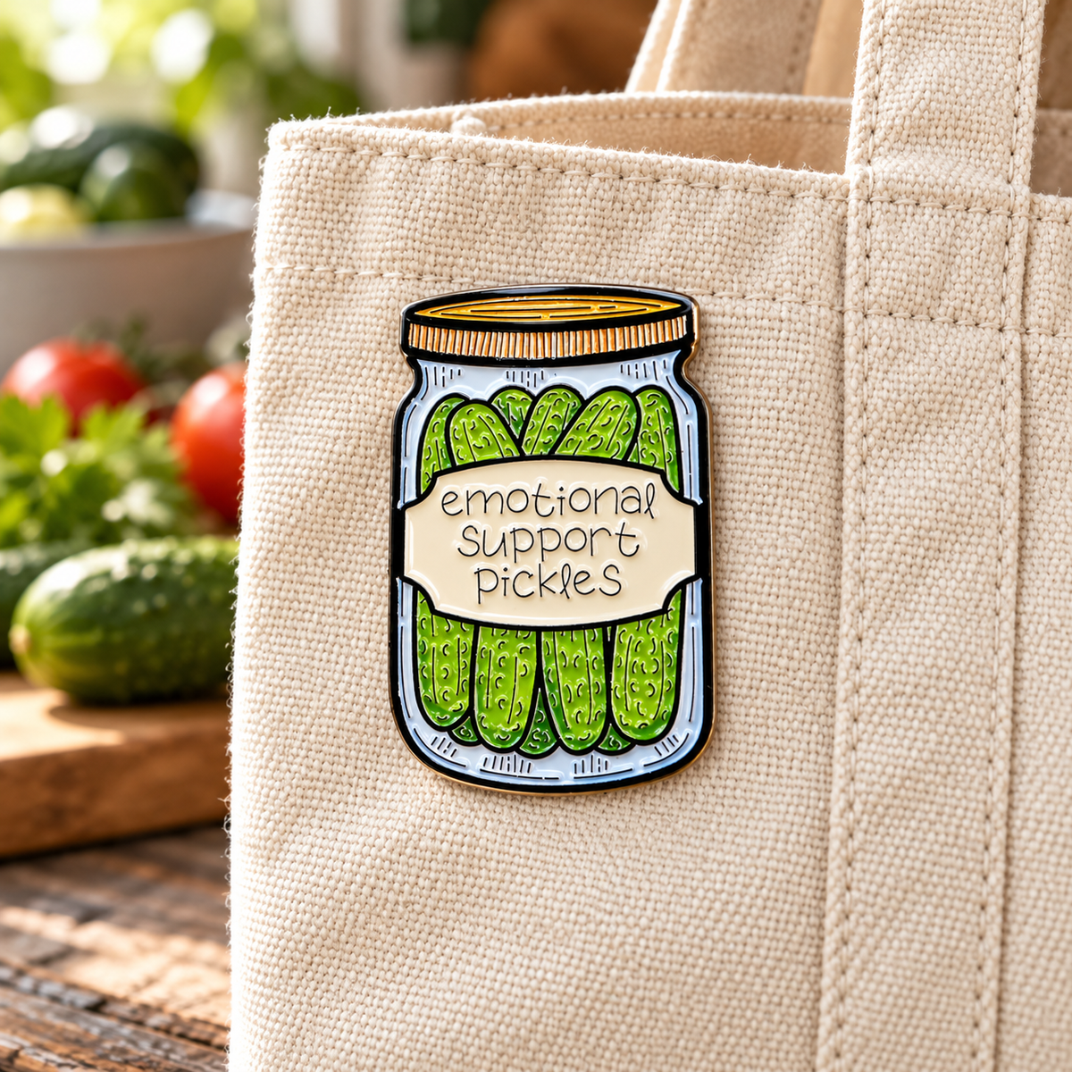 Emotional Support Pickle enamel pin on a cream canvas tote