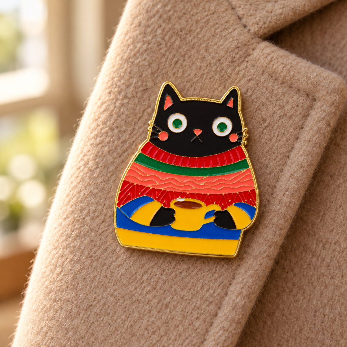 Knit Sweater Coffee Black Cat enamel pin on a beige wool coat
