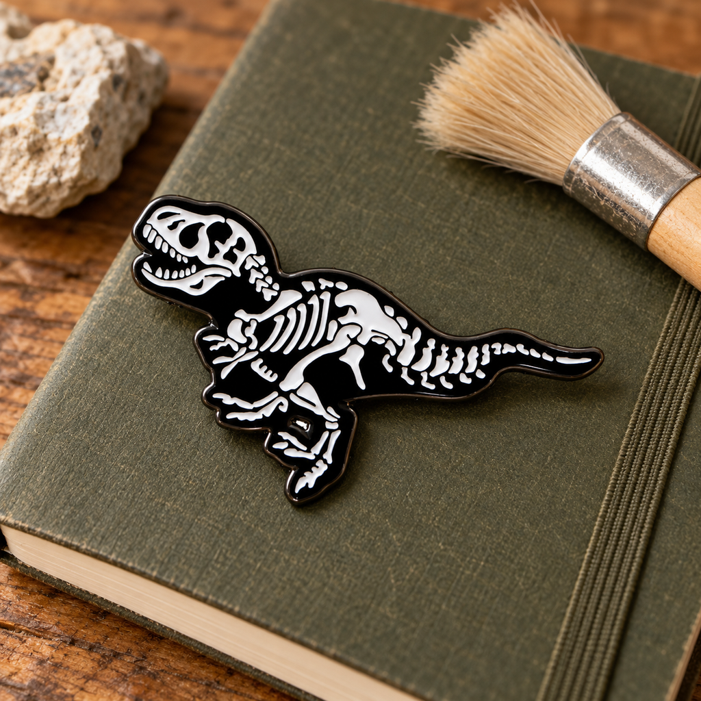 T-Rex X-ray dinosaur enamel pin on a dark field notebook