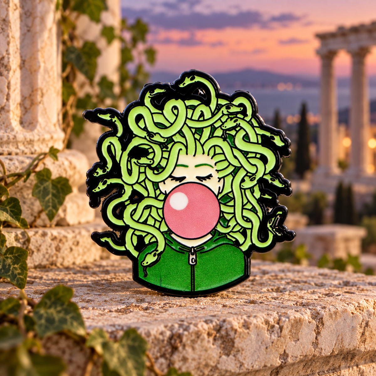 Teenage Medusa Pin on a themed spooky background