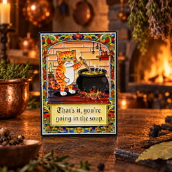 That's It You're Going in the Soup Cat pin against a storybook kitchen backdrop