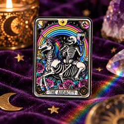 The Audacity Tarot Pin enamel pin on a themed background