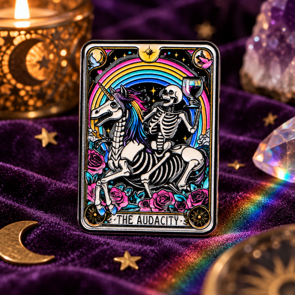 The Audacity Tarot Pin enamel pin on a themed background