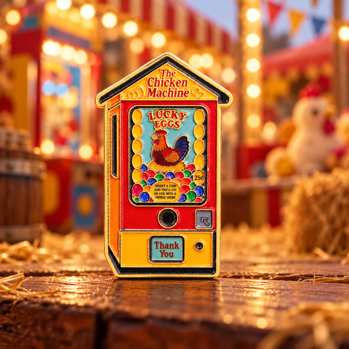The Chicken Machine Lucky Eggs Pin in a nostalgic fairground