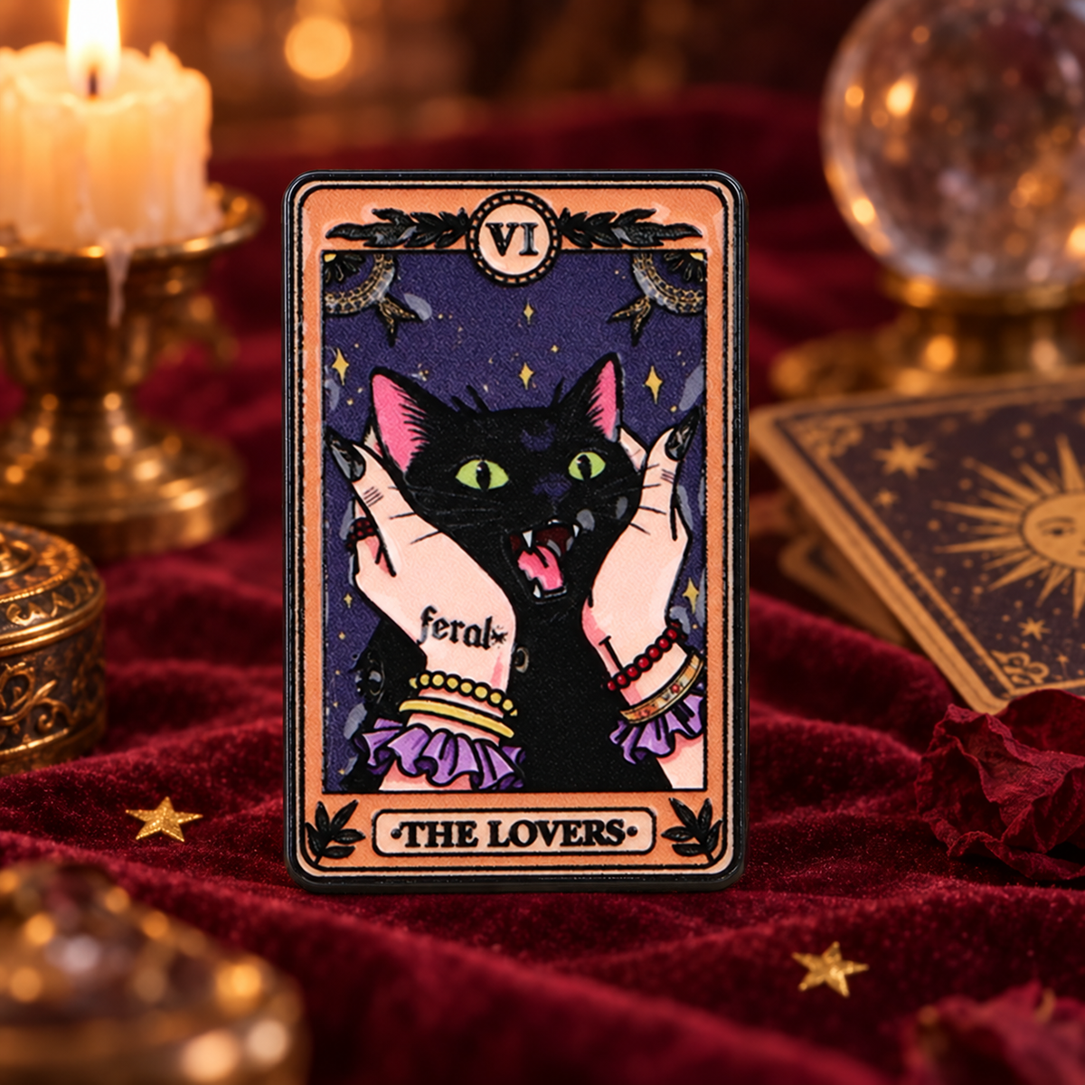 The Lovers Black Cat Tarot Pin on a themed spooky background