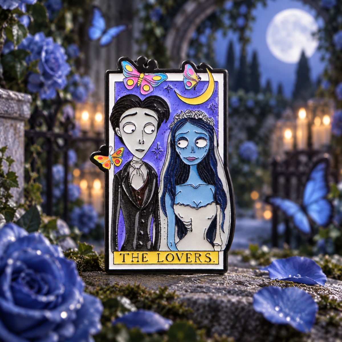 The Lovers Corpse Bride Pin on a themed spooky background