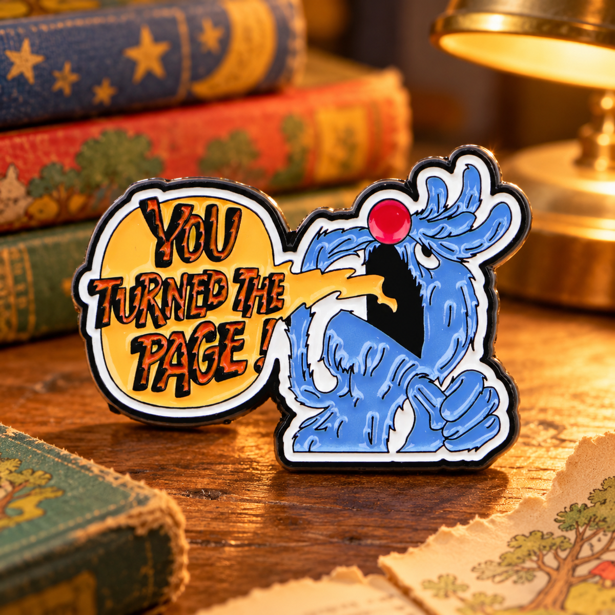 The Monster at the End of This Book enamel pin in a whimsical vintage library