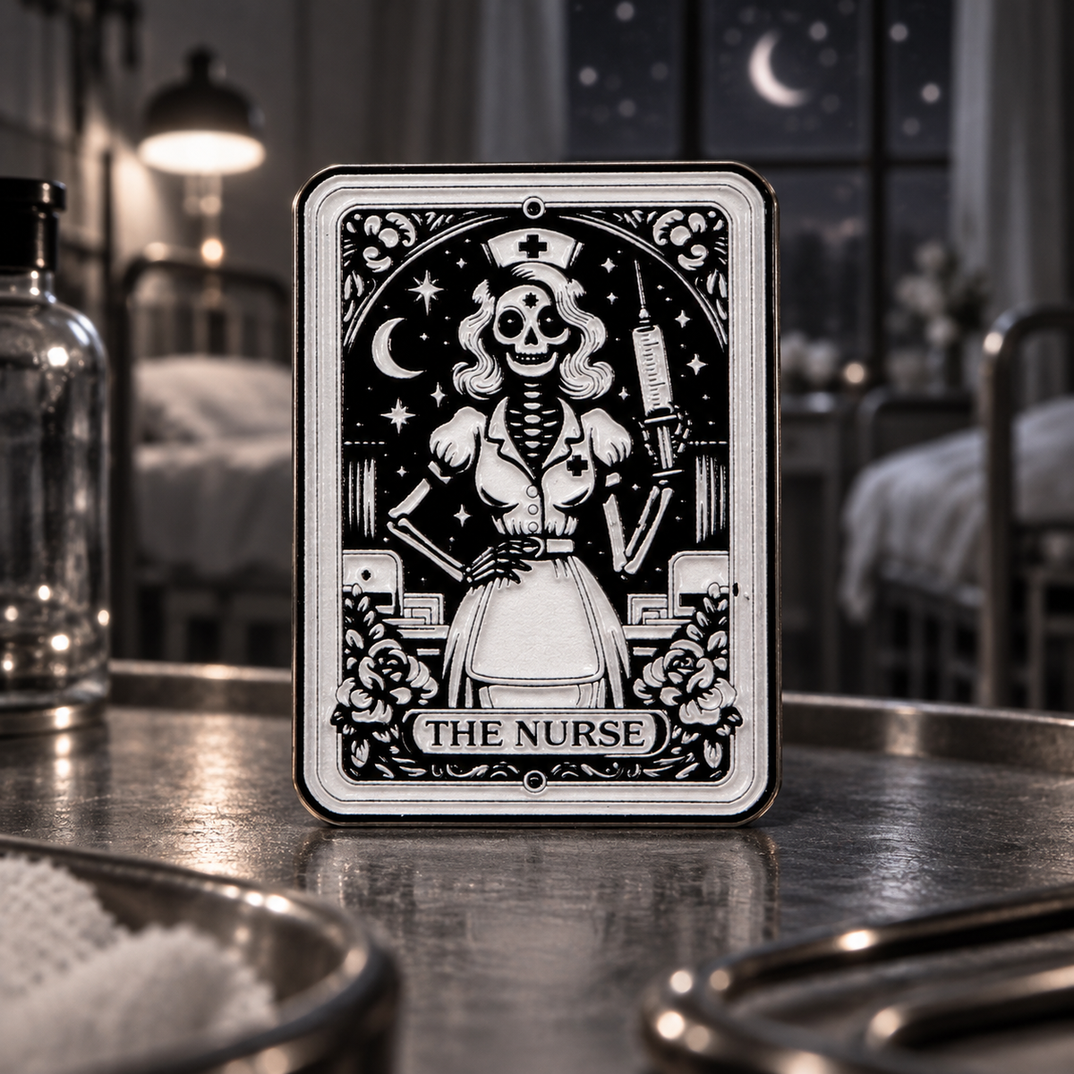The Nurse Tarot Card Pin on a themed spooky background