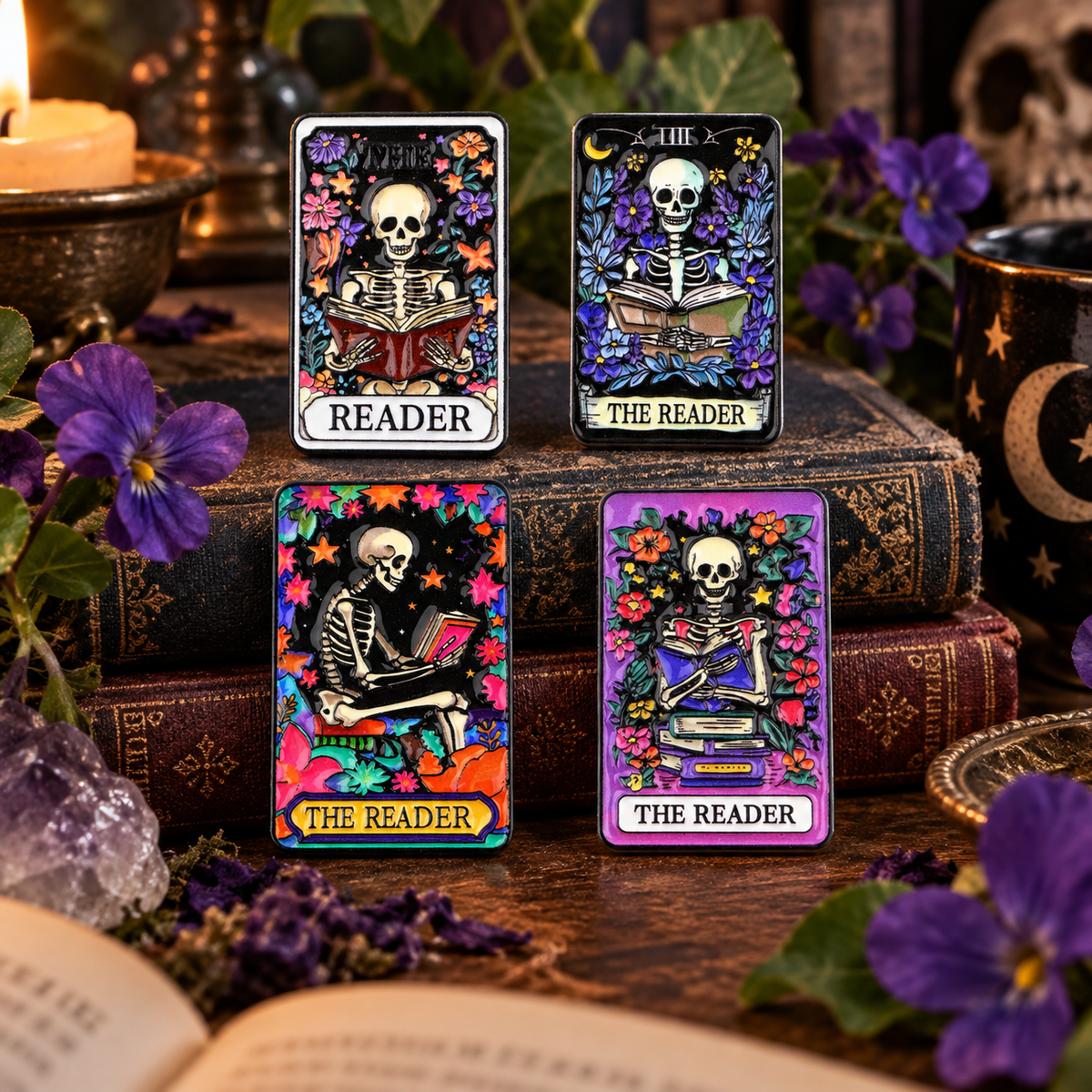 The Reader Tarot Pin on a themed spooky background
