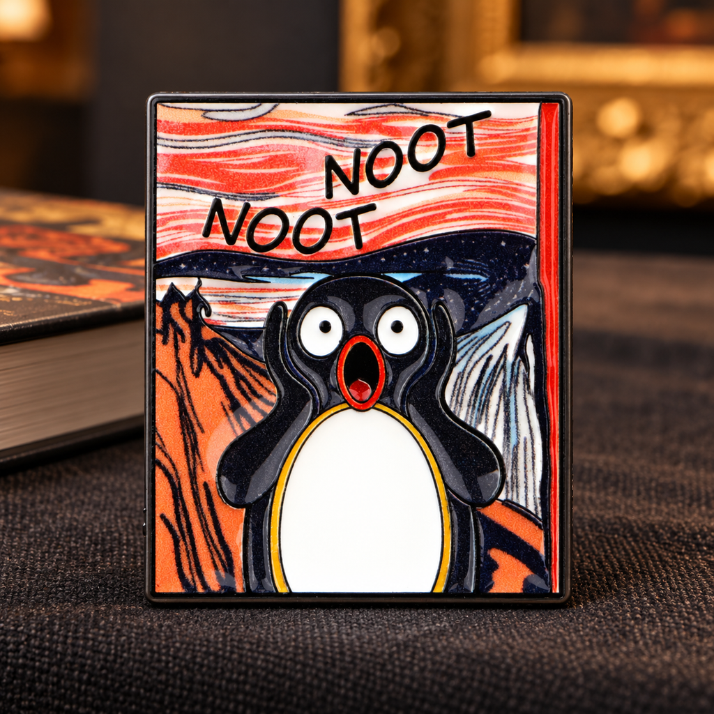 The Scream Noot Noot Pengu enamel pin on a dark art-book setting