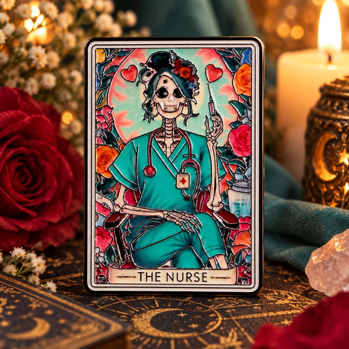 The Skeleton Nurse Tarot Pin on a themed spooky background