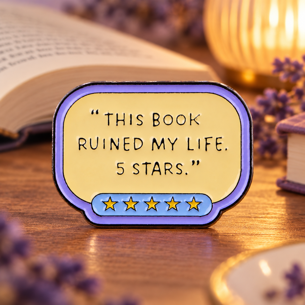 This Book Ruined My Life 5 Stars Pin on a cozy reading desk