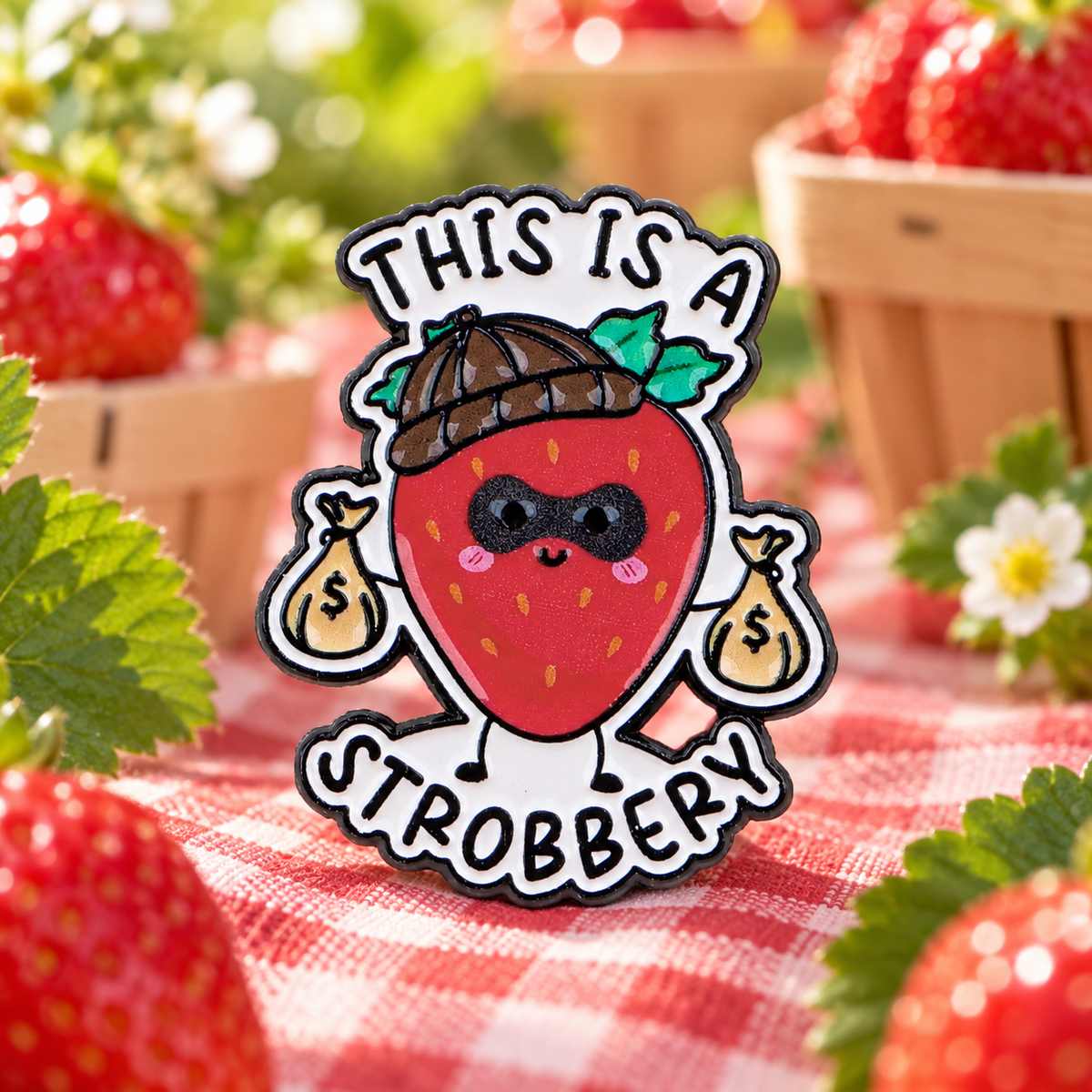 This Is a Strobbery Strawberry enamel pin at a sunny berry market