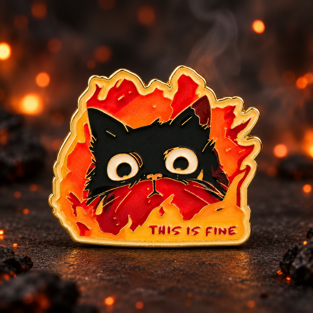 This Is Fine Cat in Flames enamel pin on a dark backdrop with warm ember lights
