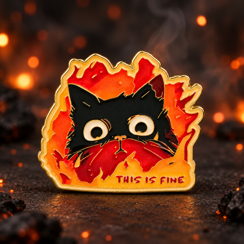This Is Fine Cat in Flames enamel pin on a dark backdrop with warm ember lights