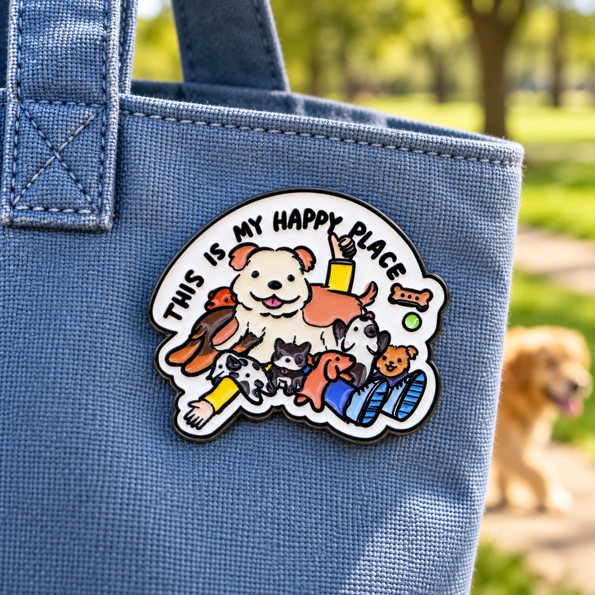 This Is My Happy Place dog enamel pin on a blue canvas tote