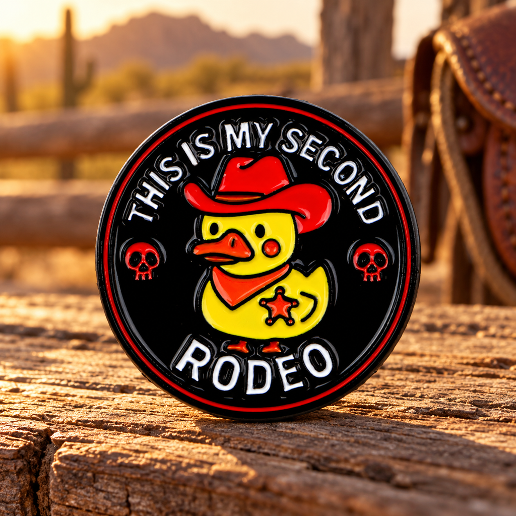 This Is My Second Rodeo duck enamel pin in a western ranch setting