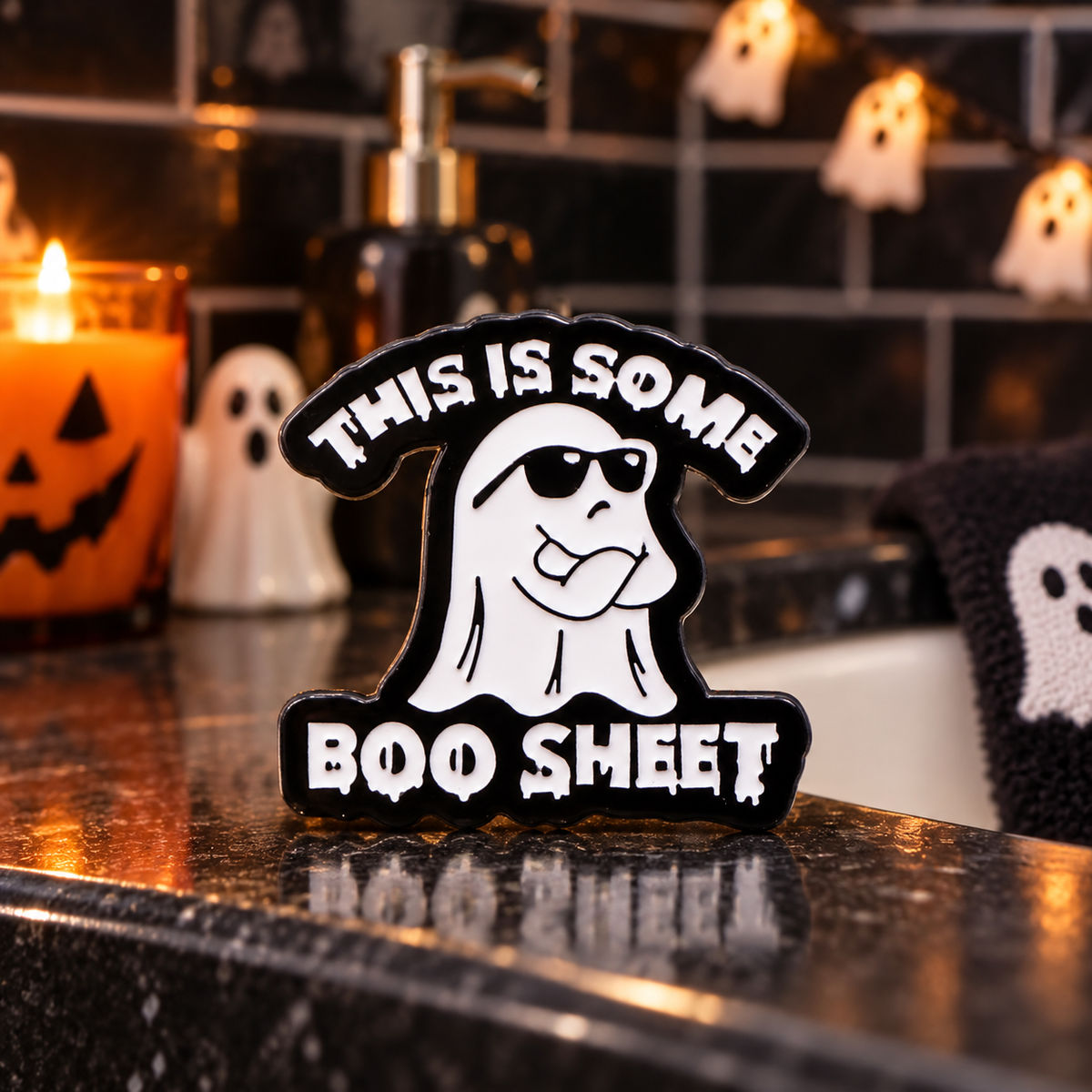 This is Some Boo Sheet Pin on a themed spooky background