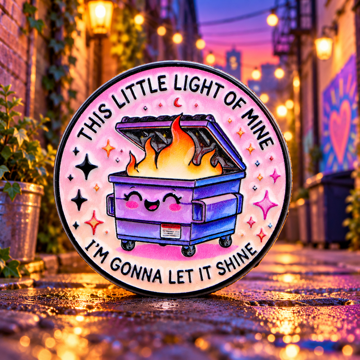 This Little Light of Mine Dumpster Fire Pin on a warm twilight background