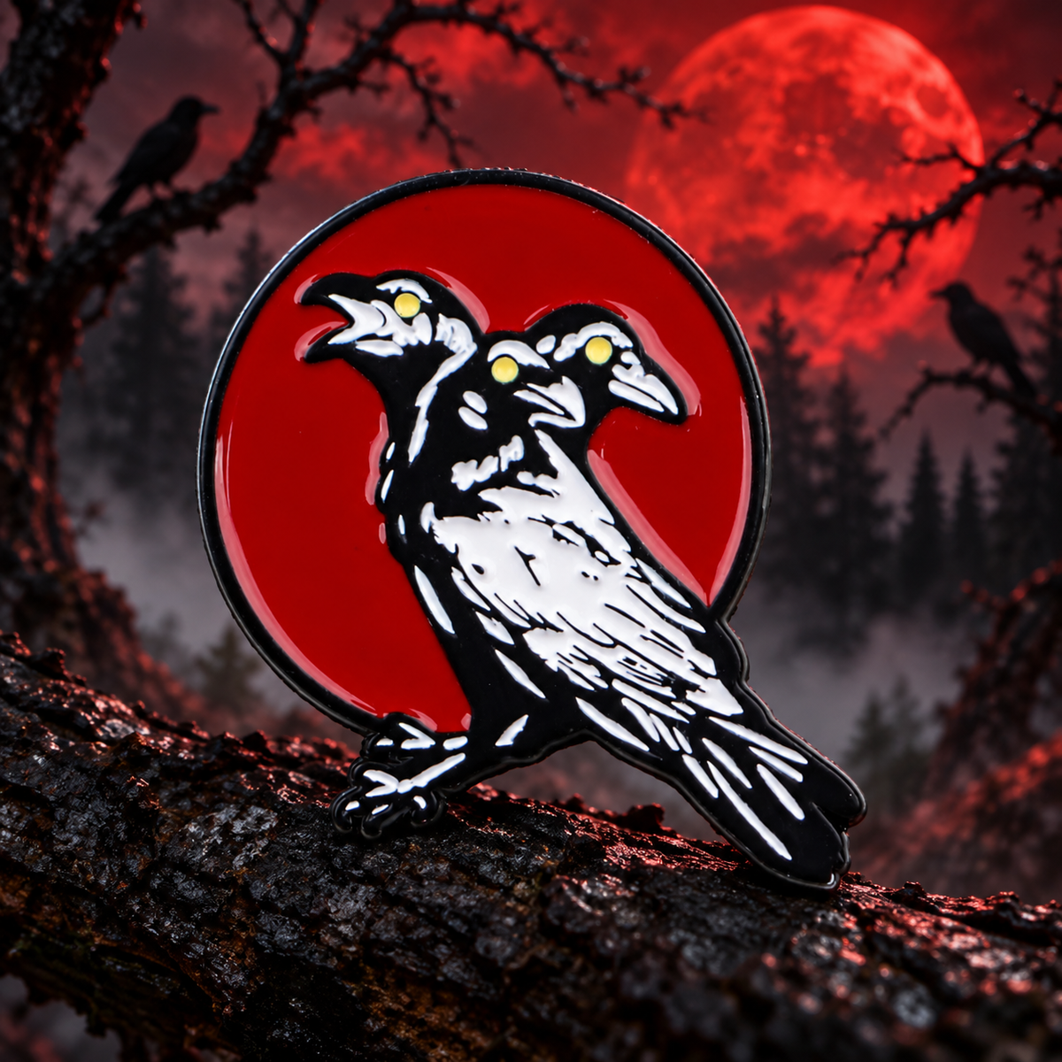Three-Headed Raven Pin on a themed spooky background