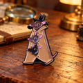 Three mice in a trench coat enamel pin on a detective desk