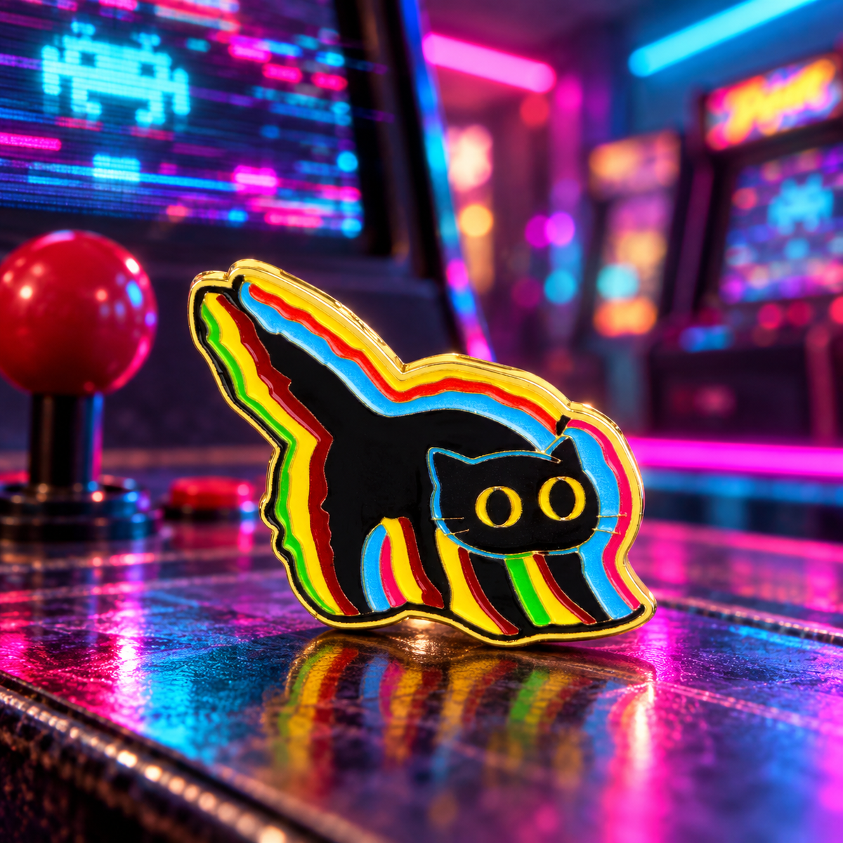 Thrilling Glitch Black Cat Pin on a themed spooky background