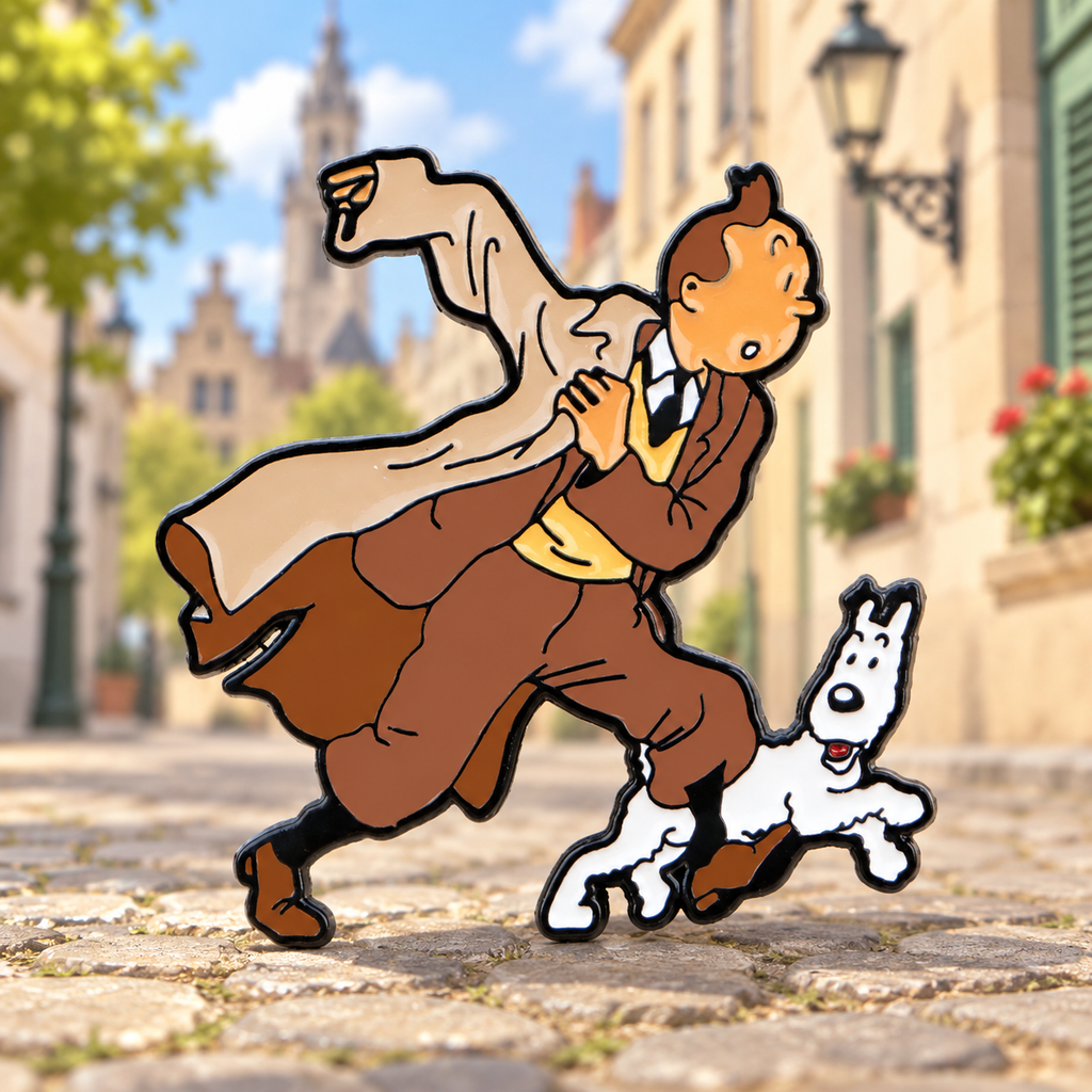 Tintin and Snowy running through a sunlit European street