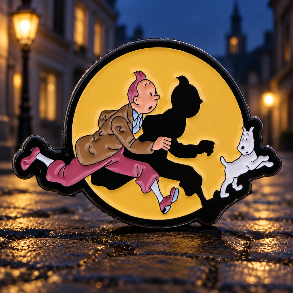 Tintin and Snowy yellow circle pin on a softly lit night street