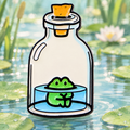 Tiny Frog in a Bottle enamel pin against a soft lily pond background