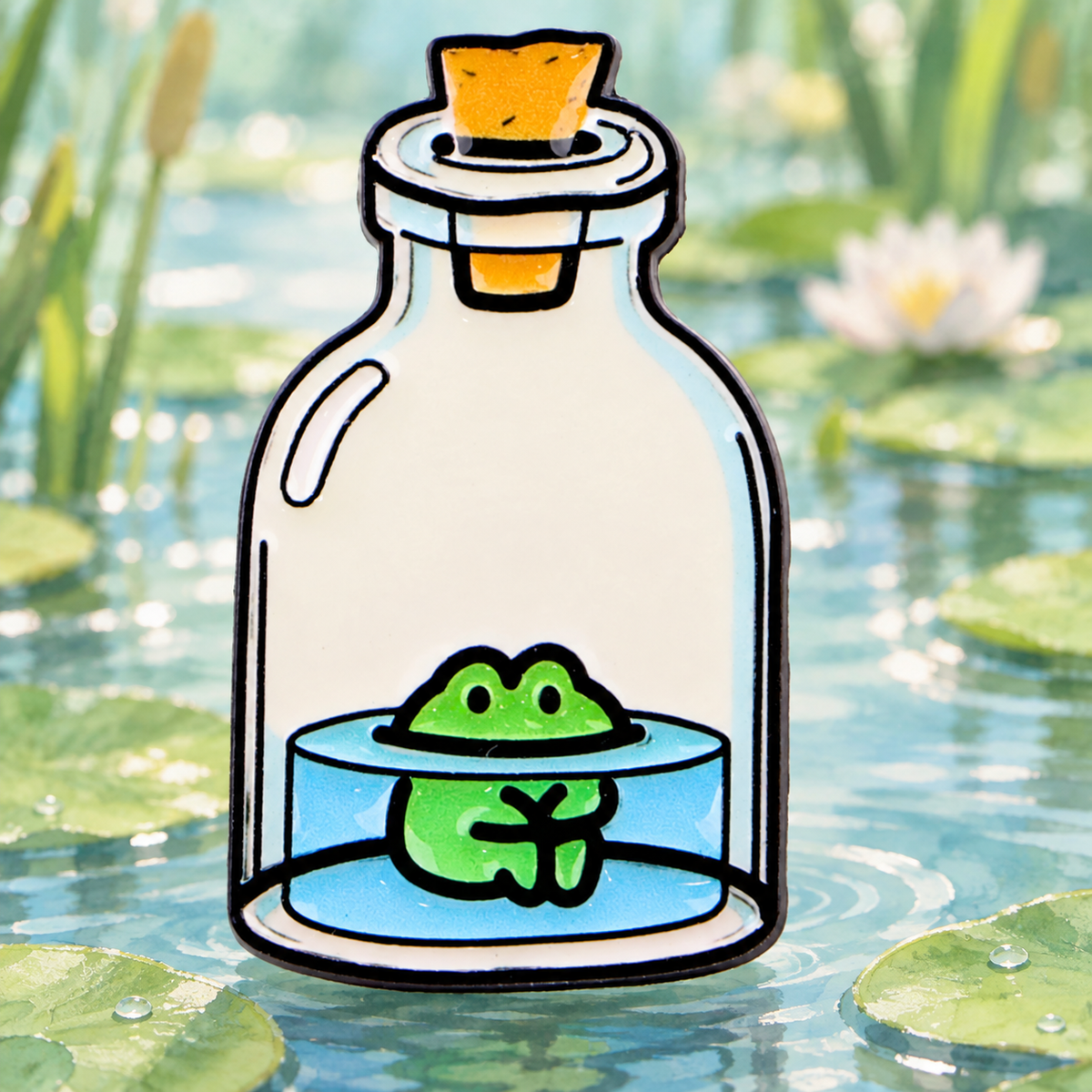 Tiny Frog in a Bottle enamel pin against a soft lily pond background