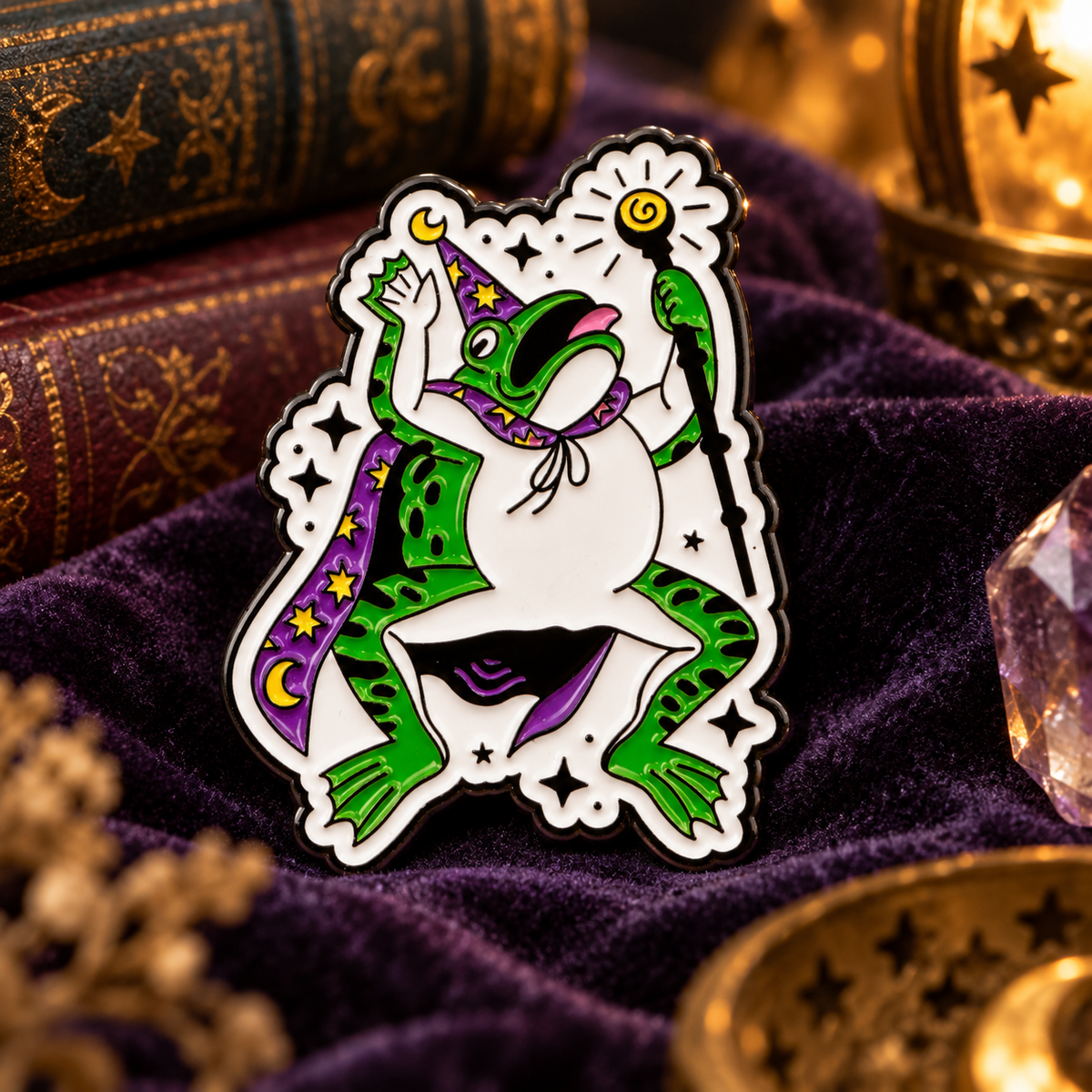 Toad Wizard Giant Frog Pin on a magical purple velvet background