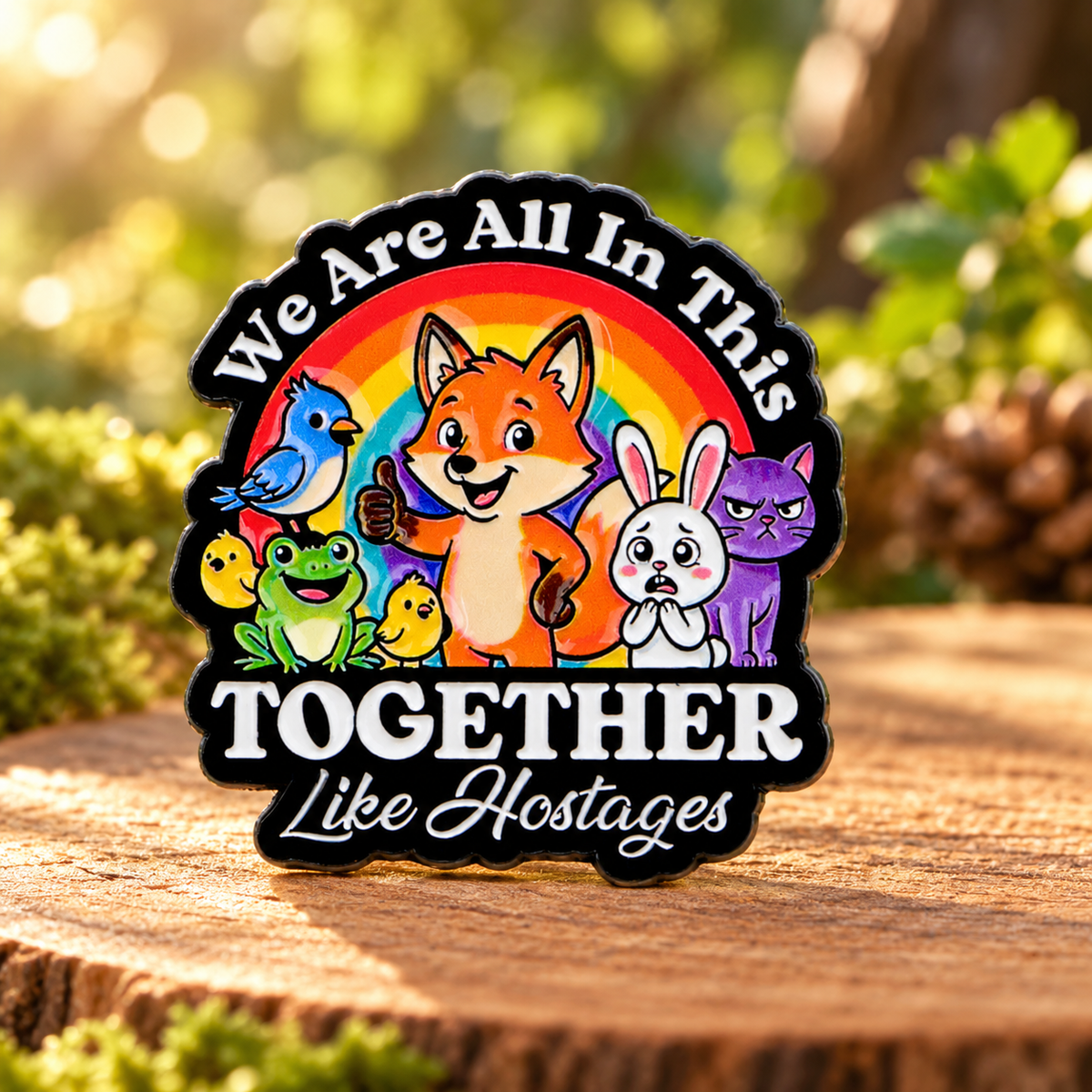 Together Like Hostages Animal Pin in a warm woodland setting