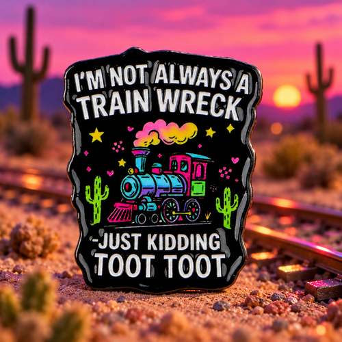 I'm Not Always a Train Wreck Toot Toot enamel pin by desert railway at sunset