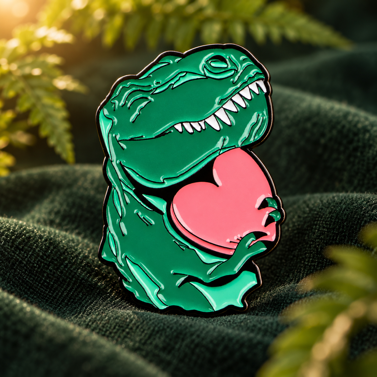T-rex Dinosaur Holding Heart Pin on a green woodland background