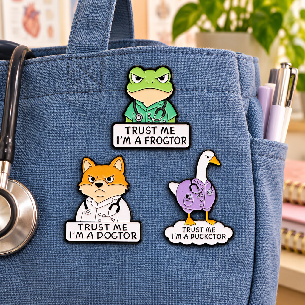 Frogtor, Dogctor and Duckctor enamel pins on blue medical tote